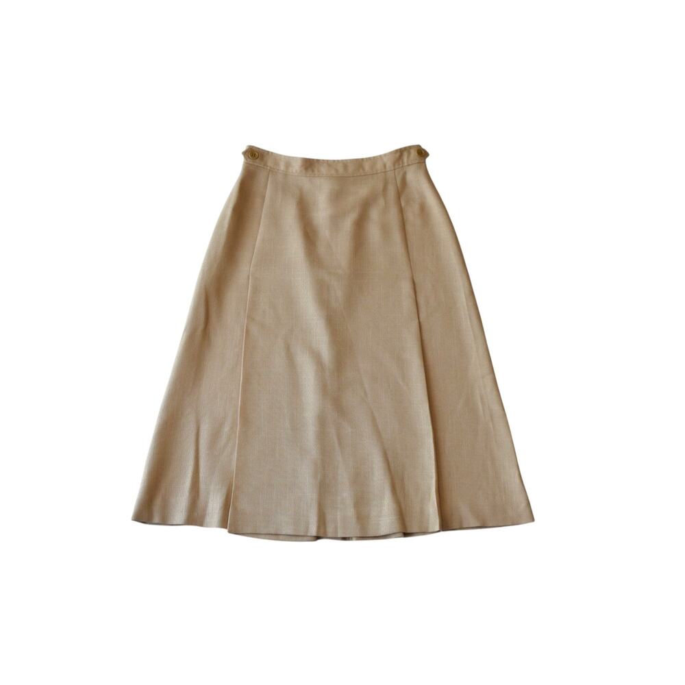 Vintage 80s Tan A-Line Midi Skirt High Waist Neutral Medium